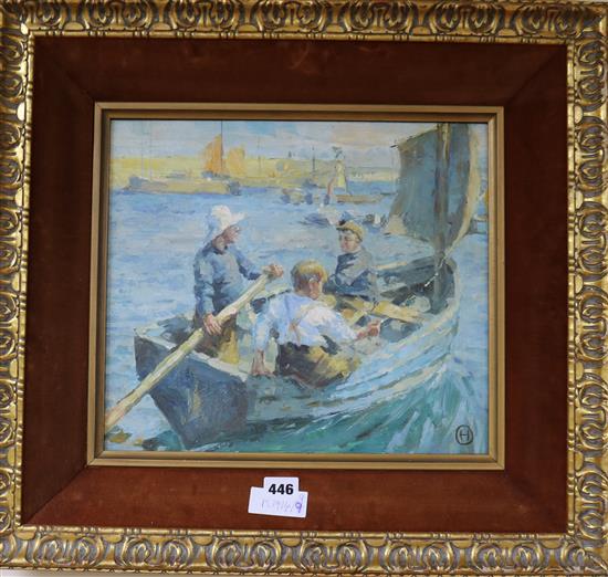 Modern oil on board, after Henry Scott Tuke, fishing boat in a harbour, 31 x 35cm